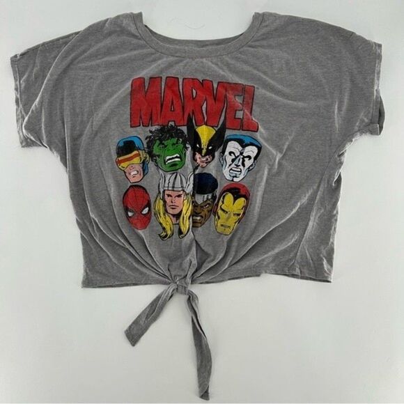 Marvel Tops - Marvel Comics Women's Graphic Cropped Tie Front T Shirt Size XL Gray